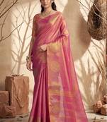 Onion pink linen silk blend saree with gold zari bootas