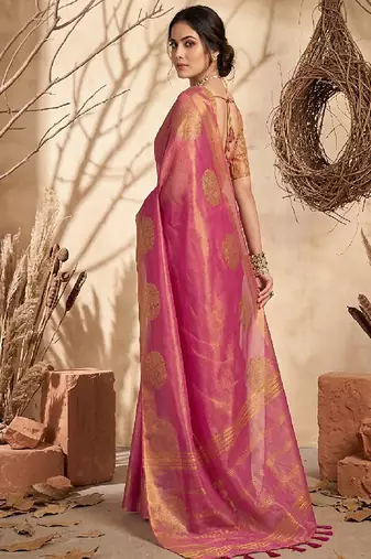 Onion pink linen silk blend saree with gold zari bootas