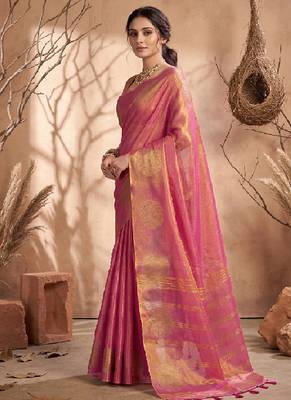 Onion pink linen silk blend saree with gold zari bootas 3