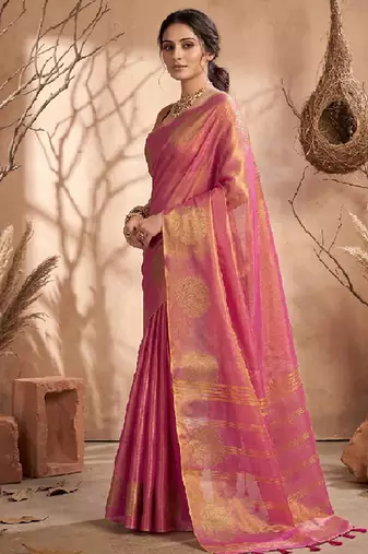 Onion pink linen silk blend saree with gold zari bootas