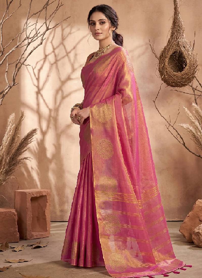 Onion pink linen silk blend saree with gold zari bootas