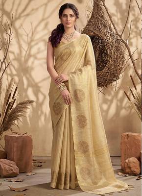 Beige gold linen silk blend saree with gold zari bootas 1