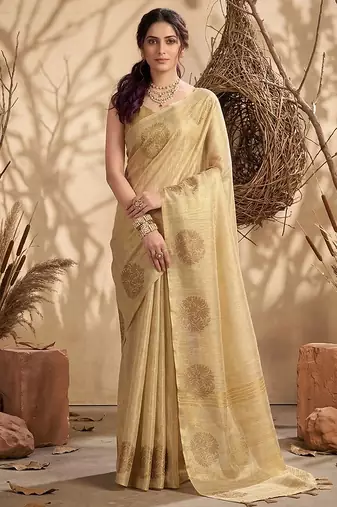 Beige gold linen silk blend saree with gold zari bootas