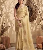 Beige gold linen silk blend saree with gold zari bootas