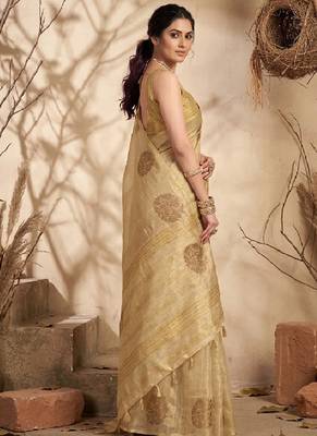 Beige gold linen silk blend saree with gold zari bootas 2