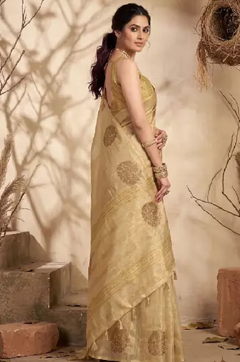 Beige gold linen silk blend saree with gold zari bootas