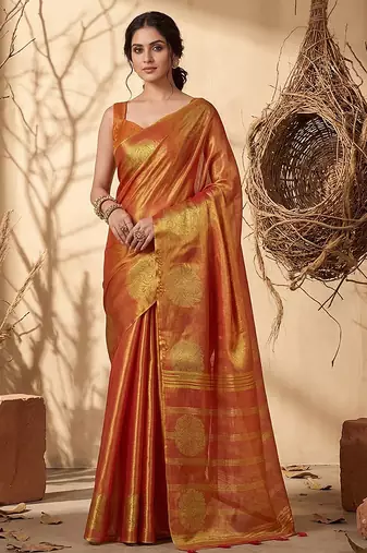 Rust orange linen silk blend saree with gold zari bootas