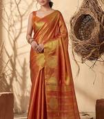 Rust orange linen silk blend saree with gold zari bootas