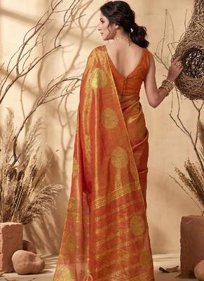 Rust orange linen silk blend saree with gold zari bootas 2