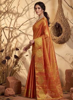 Rust orange linen silk blend saree with gold zari bootas 3