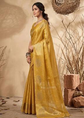 Mustard linen silk blend saree with gold zari bootas 1