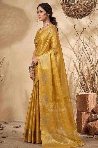 Mustard faux Tissue saree with gold zari bootas