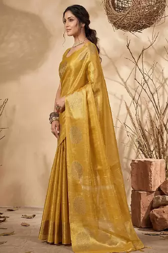 Mustard linen silk blend saree with gold zari bootas