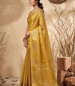 Mustard linen silk blend saree with gold zari bootas