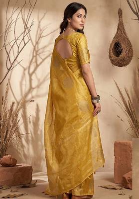 Mustard linen silk blend saree with gold zari bootas 2
