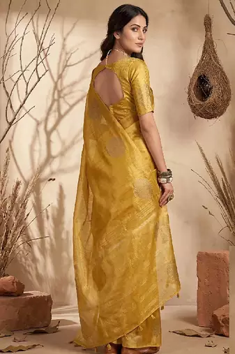 Mustard linen silk blend saree with gold zari bootas