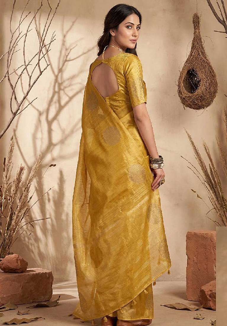 Mustard linen silk blend saree with gold zari bootas