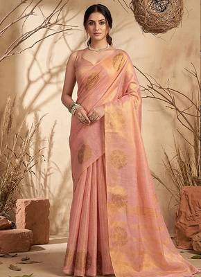 Baby pink linen silk blend saree with gold zari bootas 1