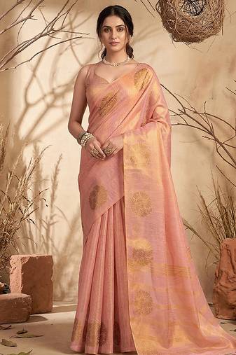 Baby pink faux tissue saree with gold zari bootas