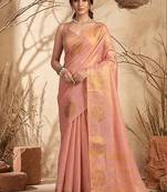 Baby pink linen silk blend saree with gold zari bootas