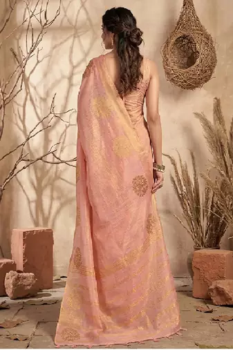 Baby pink linen silk blend saree with gold zari bootas