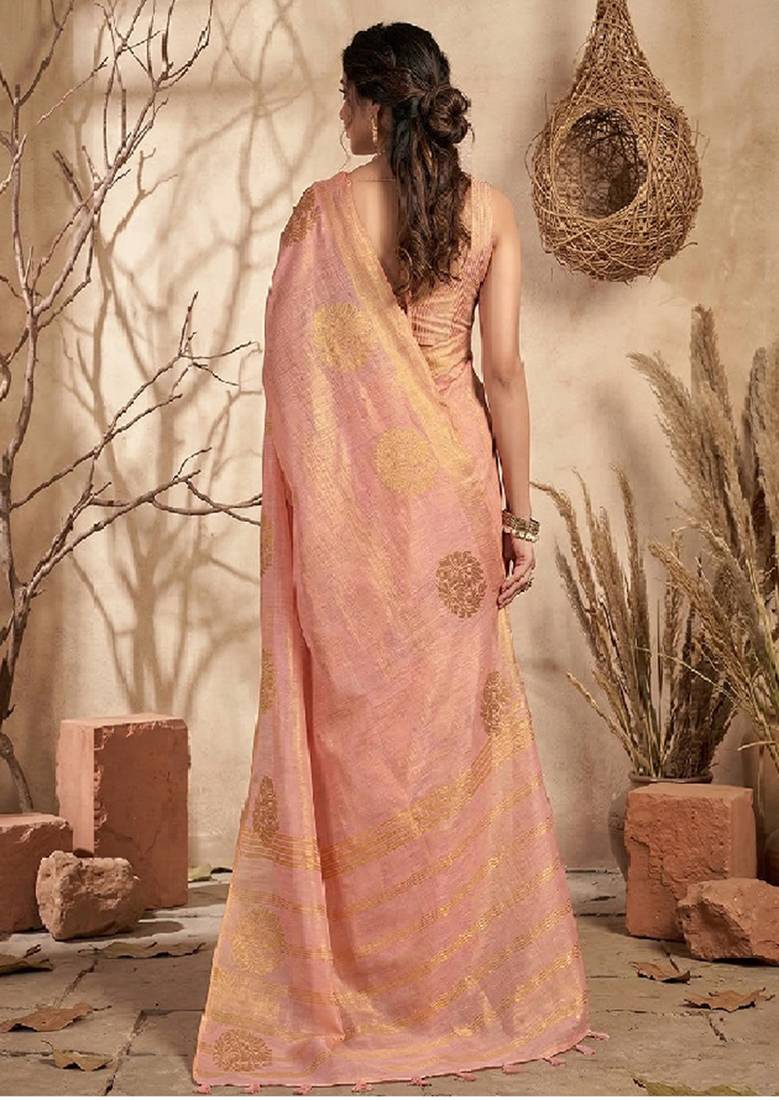 Baby pink linen silk blend saree with gold zari bootas