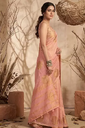 Baby pink linen silk blend saree with gold zari bootas