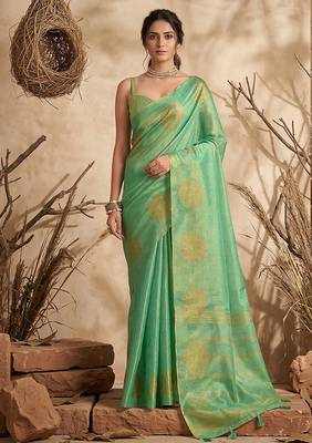 Sea green linen silk blend saree with gold zari bootas 1