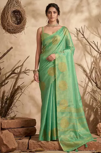 Sea green linen silk blend saree with gold zari bootas