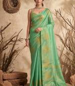 Sea green linen silk blend saree with gold zari bootas