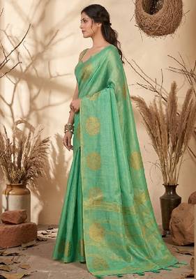 Sea green linen silk blend saree with gold zari bootas 3