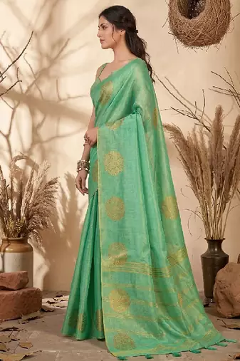 Sea green linen silk blend saree with gold zari bootas