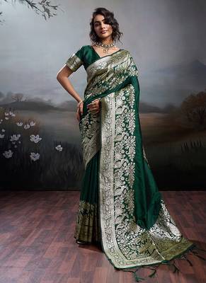 Dark green banarasi silk blend saree with rich gold zari weaving 1