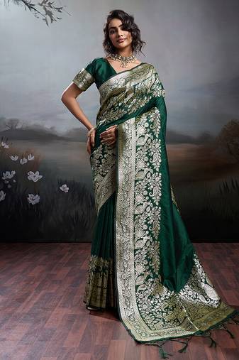 Dark green banarasi silk blend saree with rich gold zari weaving