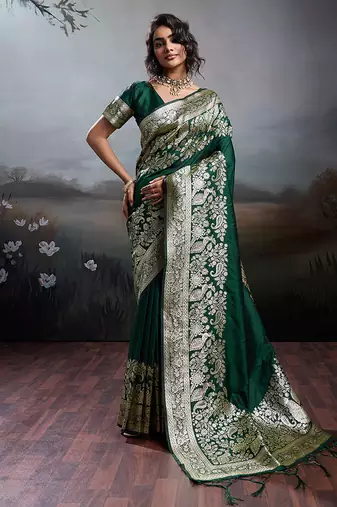 Dark green banarasi silk blend saree with rich gold zari weaving