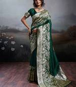 Dark green banarasi silk blend saree with rich gold zari weaving