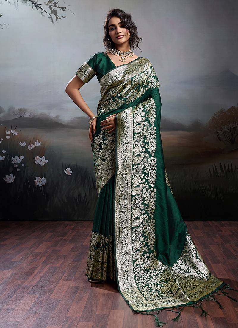 Dark green banarasi silk blend saree with rich gold zari weaving