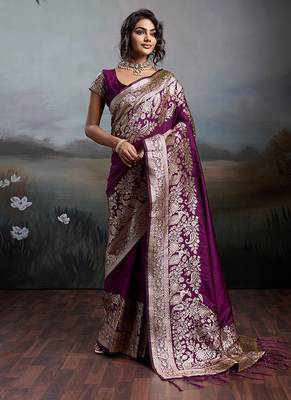 Wine purple banarasi silk blend saree with rich gold zari weaving 1