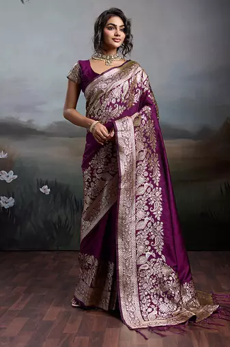 Wine purple banarasi silk blend saree with rich gold zari weaving