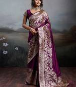 Wine purple banarasi silk blend saree with rich gold zari weaving