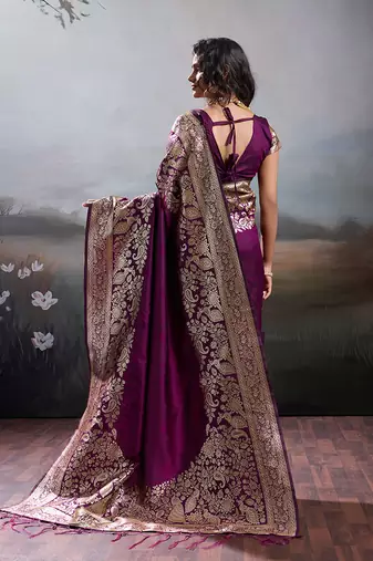Wine purple banarasi silk blend saree with rich gold zari weaving