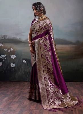 Wine purple banarasi silk blend saree with rich gold zari weaving 3