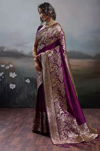 Wine purple banarasi silk blend saree with rich gold zari weaving