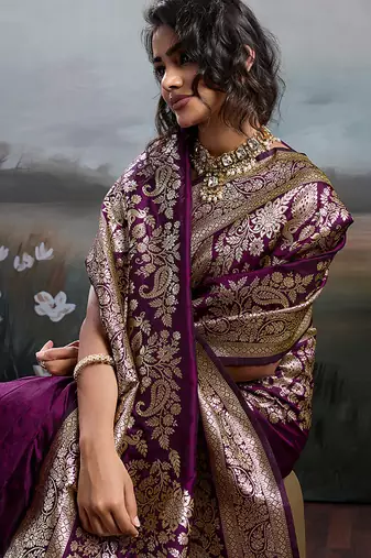 Wine purple banarasi silk blend saree with rich gold zari weaving