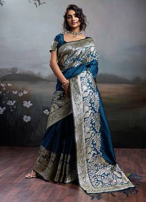 Teal blue banarasi silk blend saree with rich gold zari weaving 1