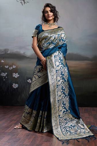 Teal blue banarasi silk blend saree with rich gold zari weaving