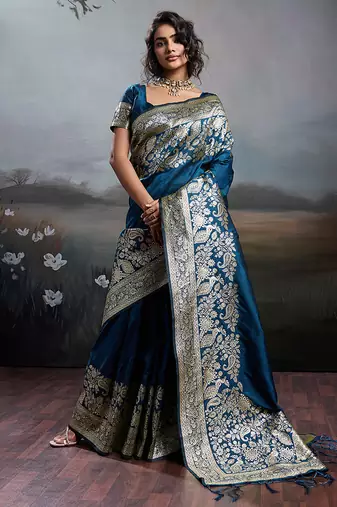 Teal blue banarasi silk blend saree with rich gold zari weaving