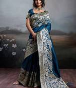 Teal blue banarasi silk blend saree with rich gold zari weaving
