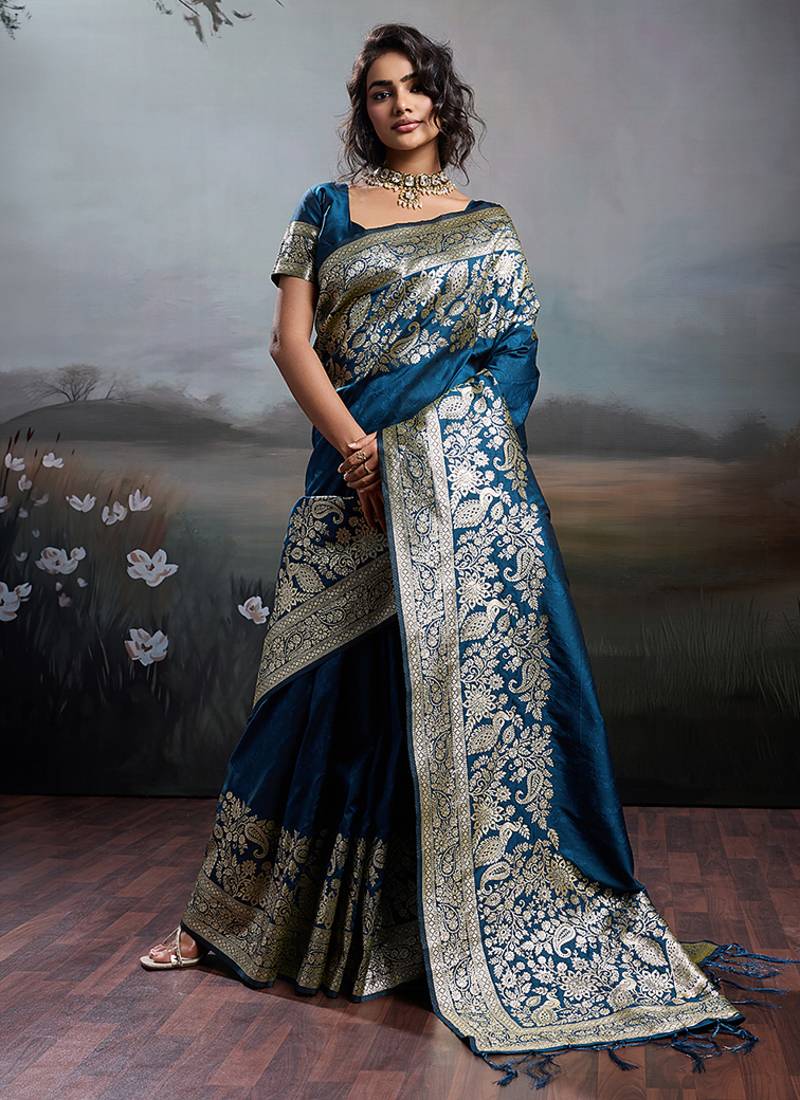 Teal blue banarasi silk blend saree with rich gold zari weaving