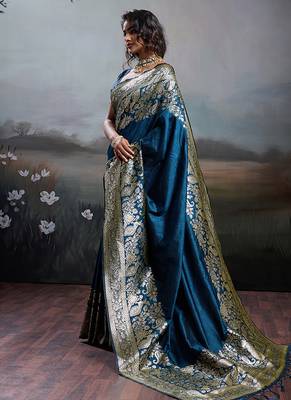 Teal blue banarasi silk blend saree with rich gold zari weaving 2